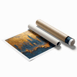 Abstract landscape wall art print showcasing vibrant colors and fluid shapes, rolled and packaged in a protective cardboard tube for easy display.
