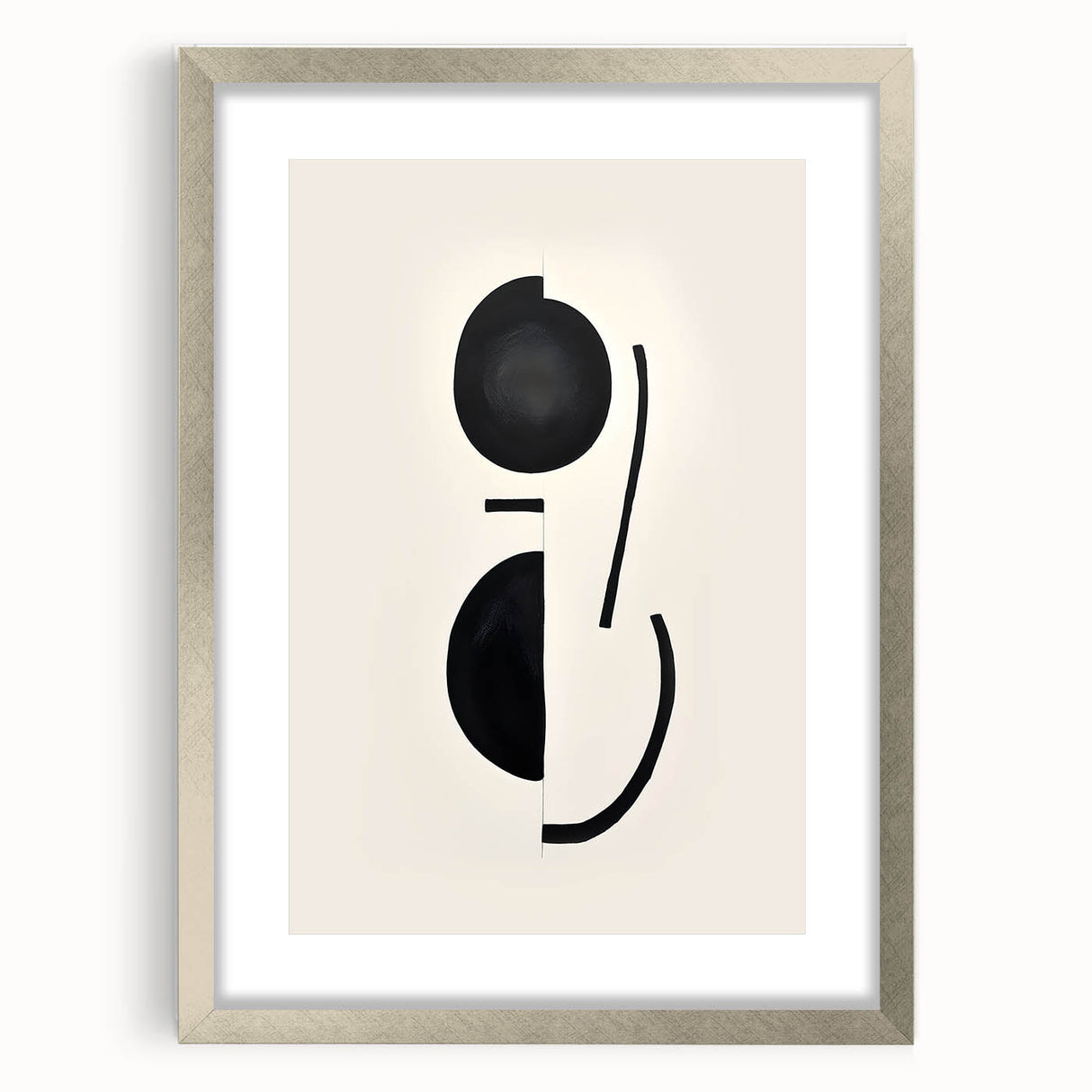 Abstract minimalist wall art in a sleek silver frame with a white mat, showcasing geometric shapes and soft neutral colors, ideal for modern decor.
