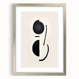 Abstract minimalist wall art in a sleek silver frame with a white mat, showcasing geometric shapes and soft neutral colors, ideal for modern decor.