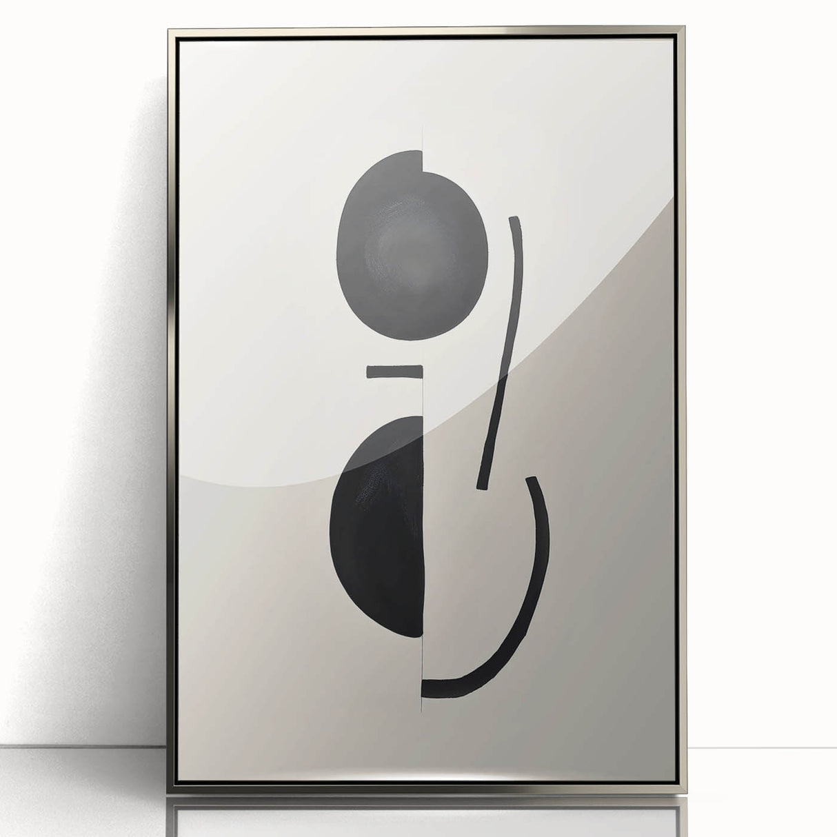 Framed abstract minimalist wall art in silver acrylic, showcasing a sleek design with geometric shapes, perfect for modern home decor in contemporary spaces.