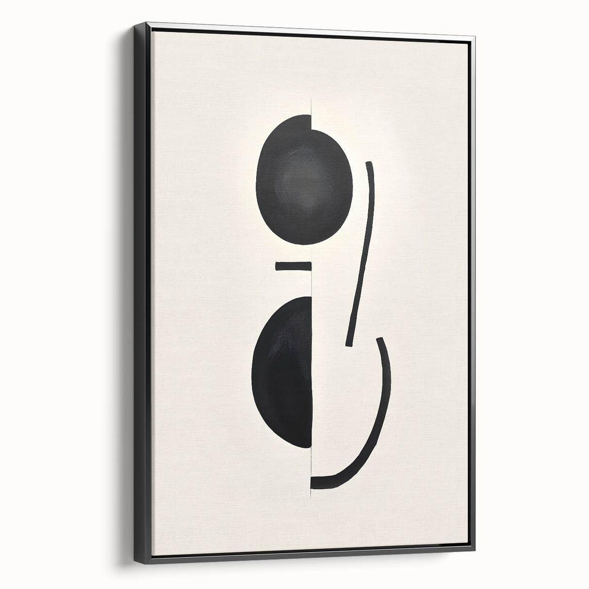 Framed abstract minimalist wall art design showcasing bold black shapes on a white canvas, displayed in a sleek, modern frame with a side view perspective.