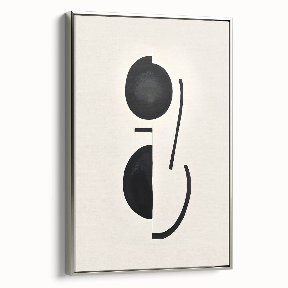 Abstract minimalist wall art featuring a silver-framed canvas with a geometric design, showcasing a side view that highlights its sleek modern aesthetic.