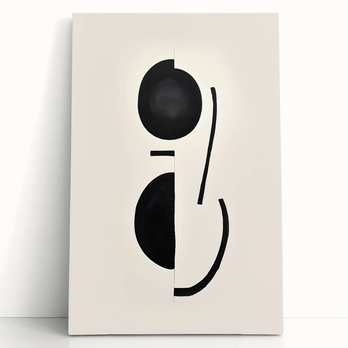 Abstract minimalist wall art on stretched canvas, featuring soft earth tones and geometric shapes, leaning against a neutral wall, perfect for modern home decor.