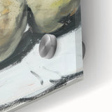 Large abstract wall art featuring assorted fruits in vibrant colors on acrylic glass, ideal for dining room art.