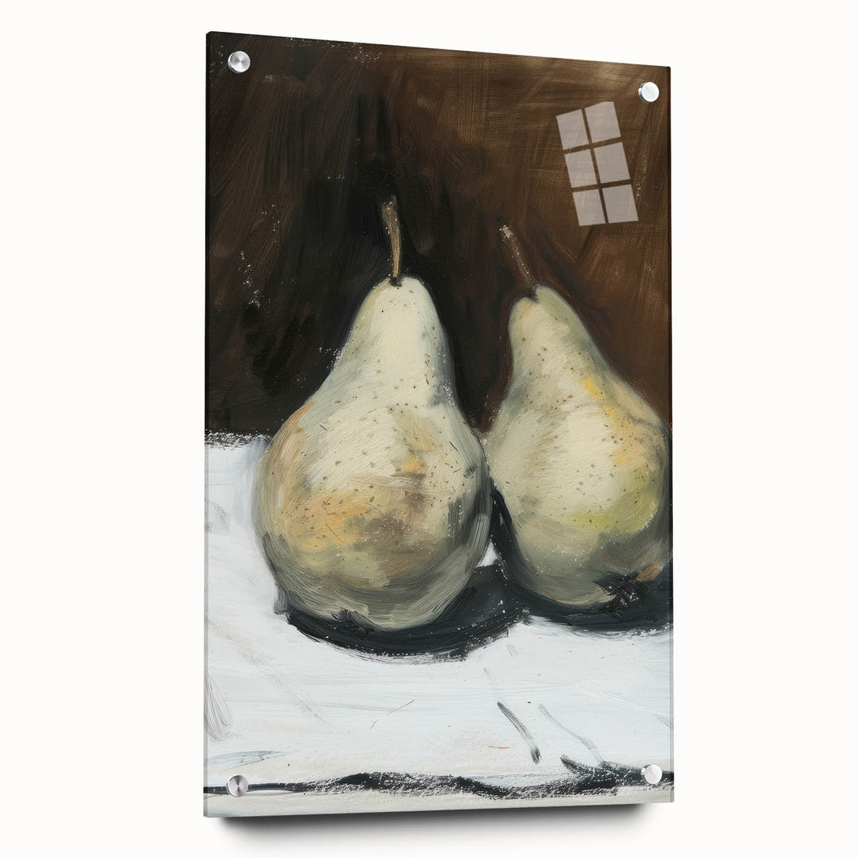 Large abstract wall art depicting assorted fruits in vibrant colors on acrylic glass, suitable for dining room or bedroom.