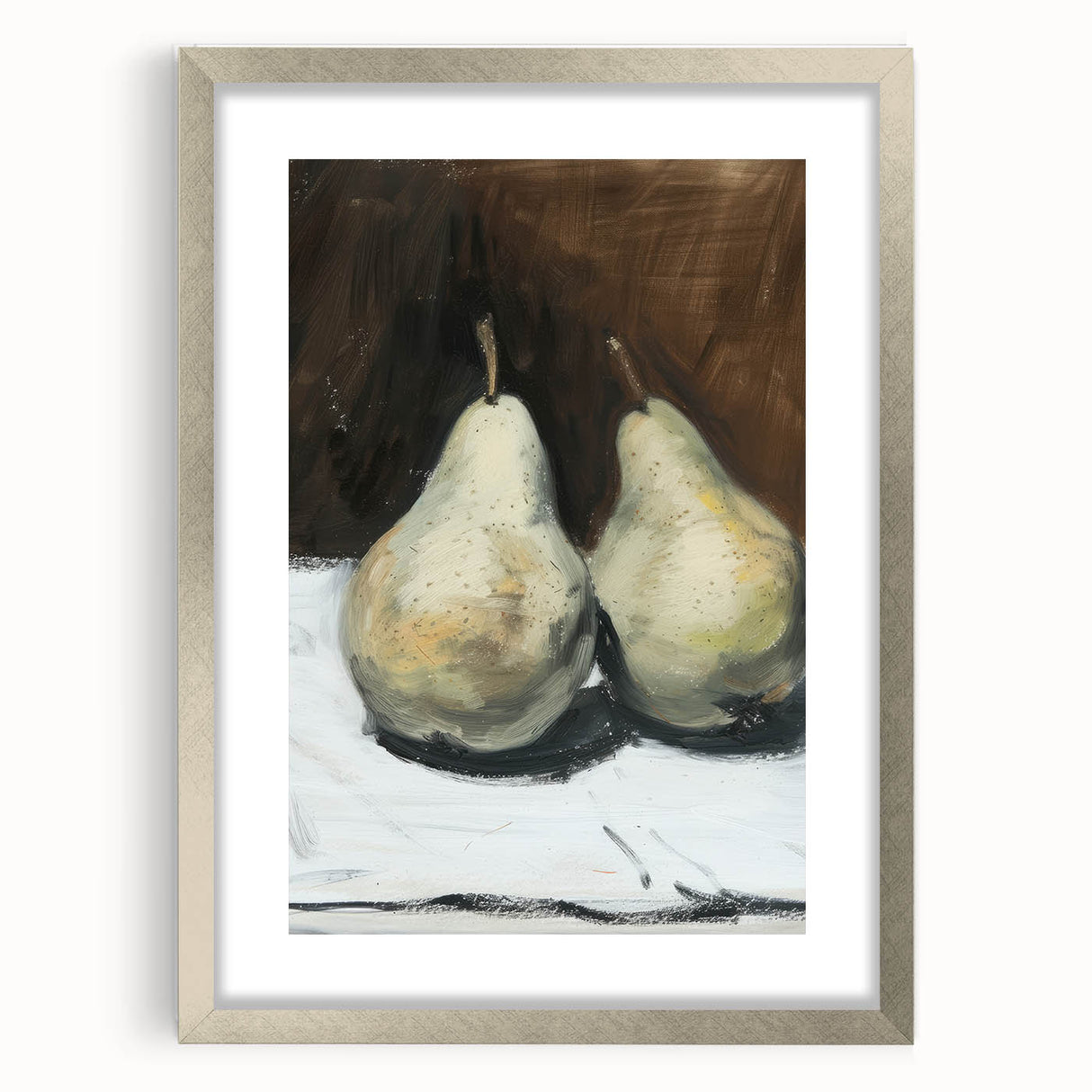 Textured art print featuring abstract fruit designs in vibrant colors, framed in silver, ideal for bedroom wall decor.