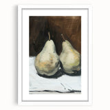 Abstract art print featuring assorted fruits in vibrant colors on a white framed mat, ideal for dining room decor.