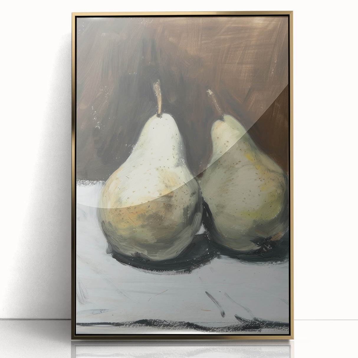 Large art print of assorted fruits in vibrant colors on a gold-framed acrylic.