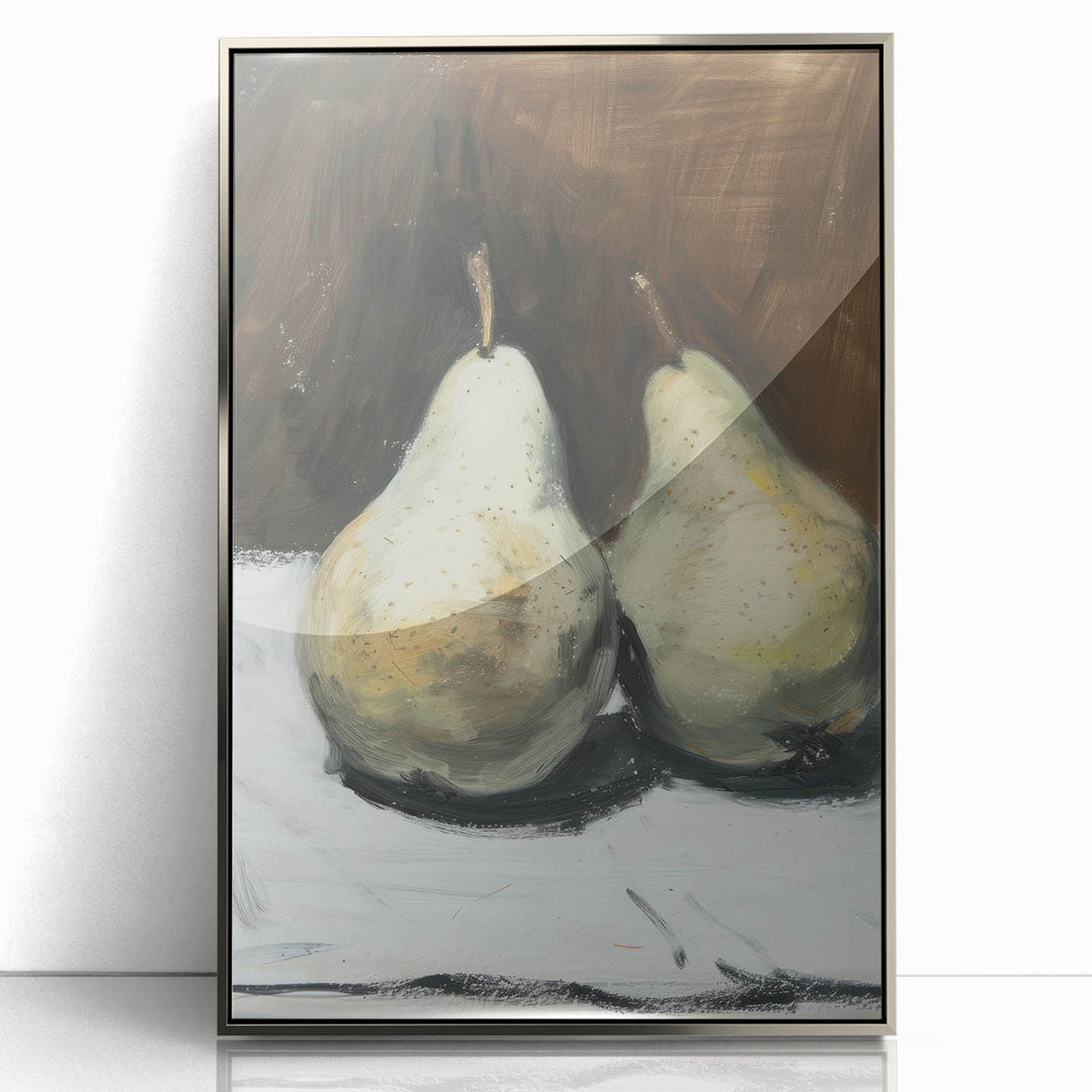 Mid-century modernist art featuring an array of fruits in muted colors, framed in silver acrylic, ideal for nursery wall art.