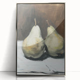 Mid-century modernist art featuring an array of fruits in muted colors, framed in silver acrylic, ideal for nursery wall art.