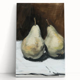 Large black and white stretched canvas featuring an assortment of fruits, suitable as kitchen wall art.