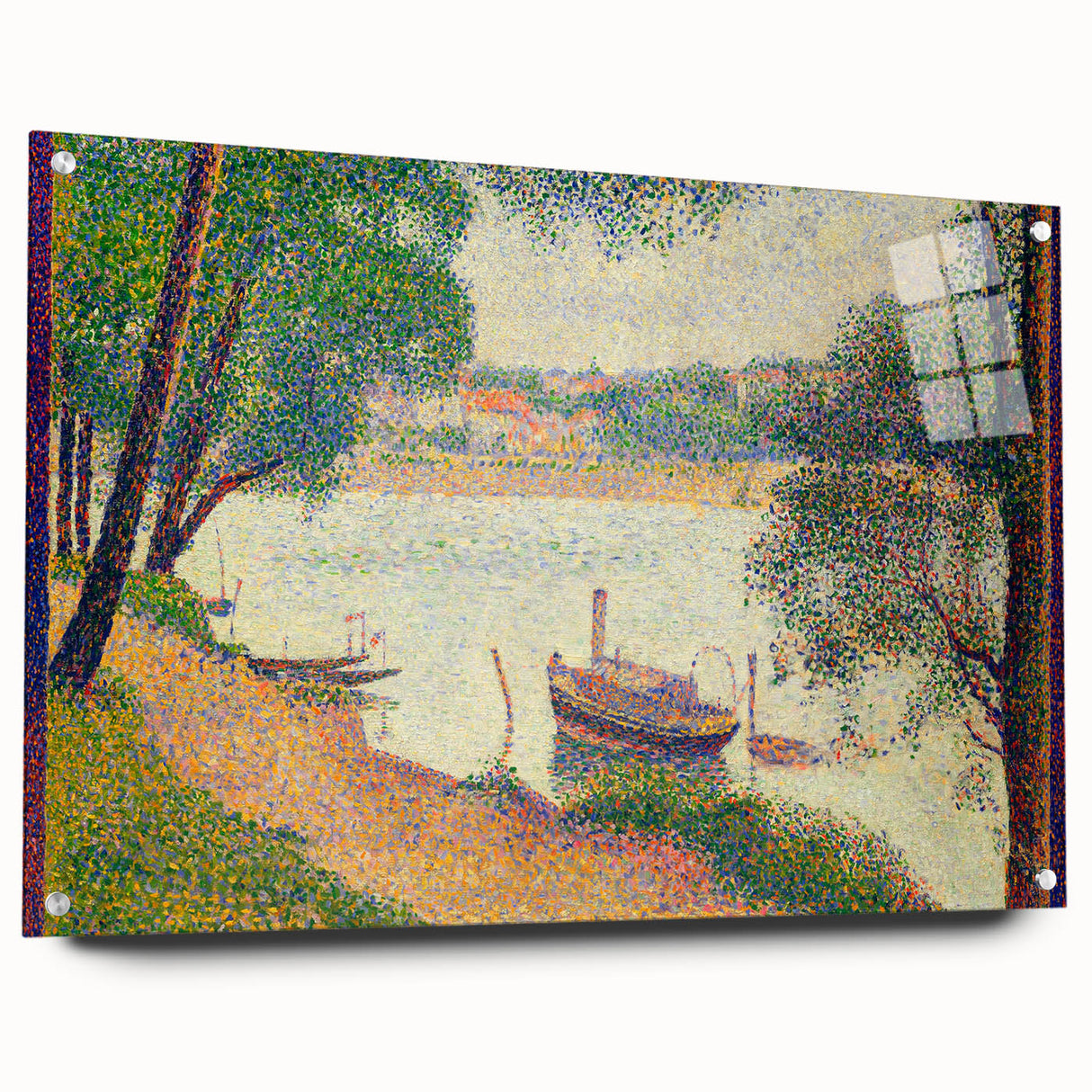 Gray Weather by Seurat: Serene Pointillist River Landscape Wall Art