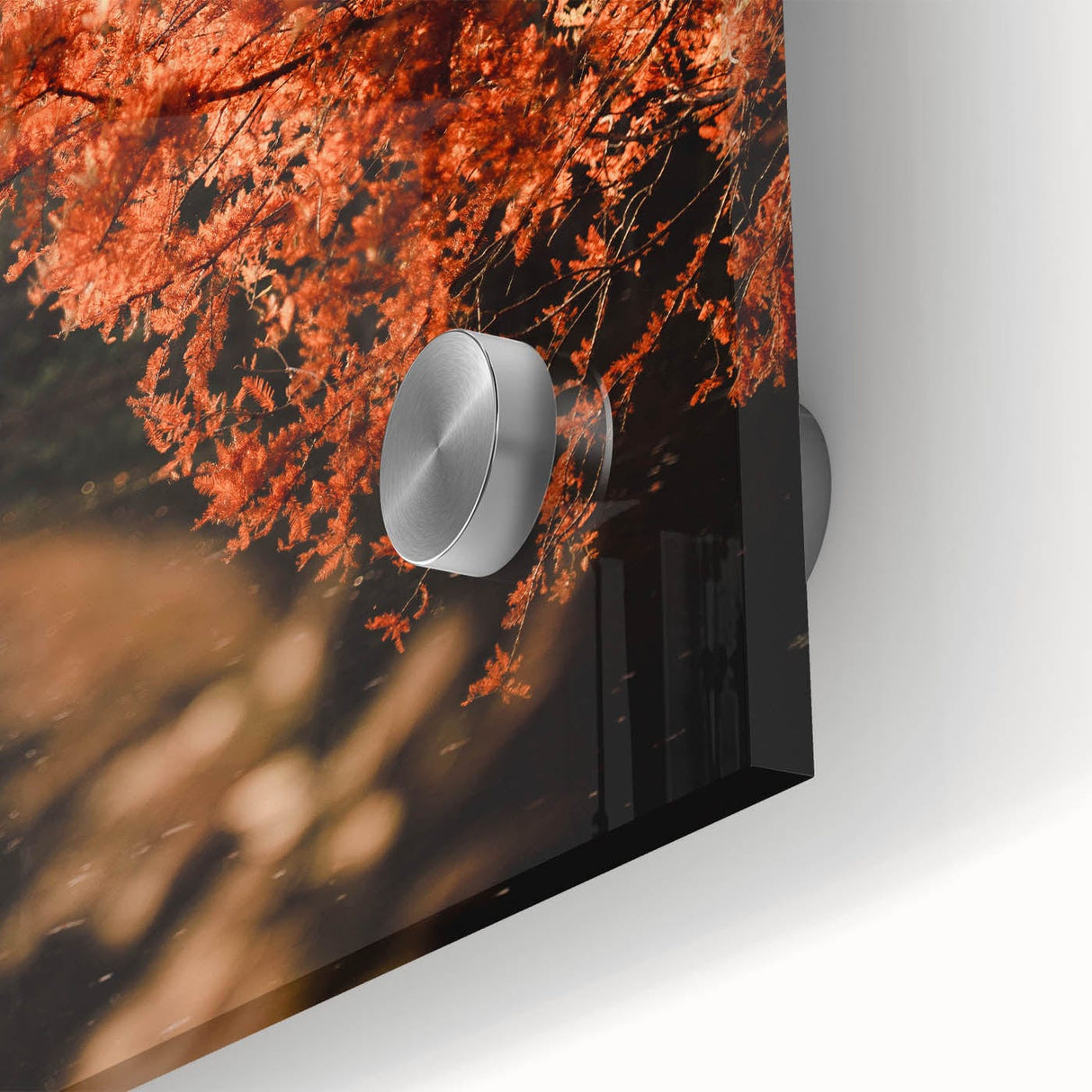 Large abstract wall art in warm autumn hues on acrylic glass, ideal for dining room ambiance.