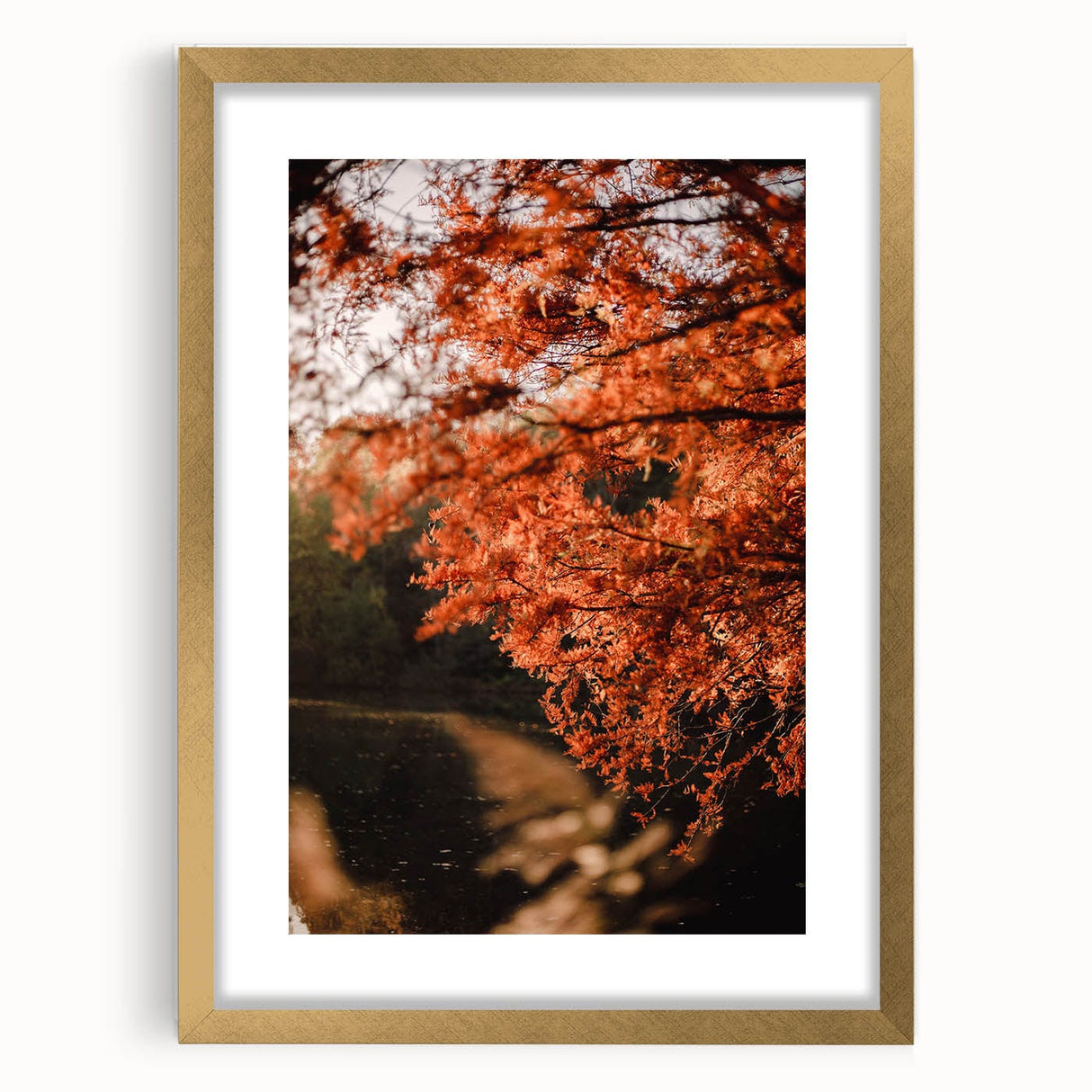 Extra large abstract art print depicting textured fall scenery in gold frame, suitable for living room decor.