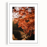 Abstract art print featuring autumnal hues on a white framed canvas, suitable for bedroom or dining room decor.