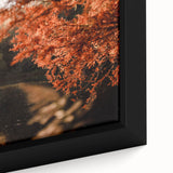 Extra large framed canvas featuring textured, colorful art of a fall scene with black outlines, ideal for living room decor.
