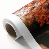 Art deco poster featuring autumnal trees in vibrant orange and yellow tones on rolled canvas, ideal for nursery wall decor.