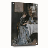 Abstract figurative acrylic artwork displayed in a glass frame, showcasing vibrant colors and dynamic shapes, with decorative pins for a contemporary touch.