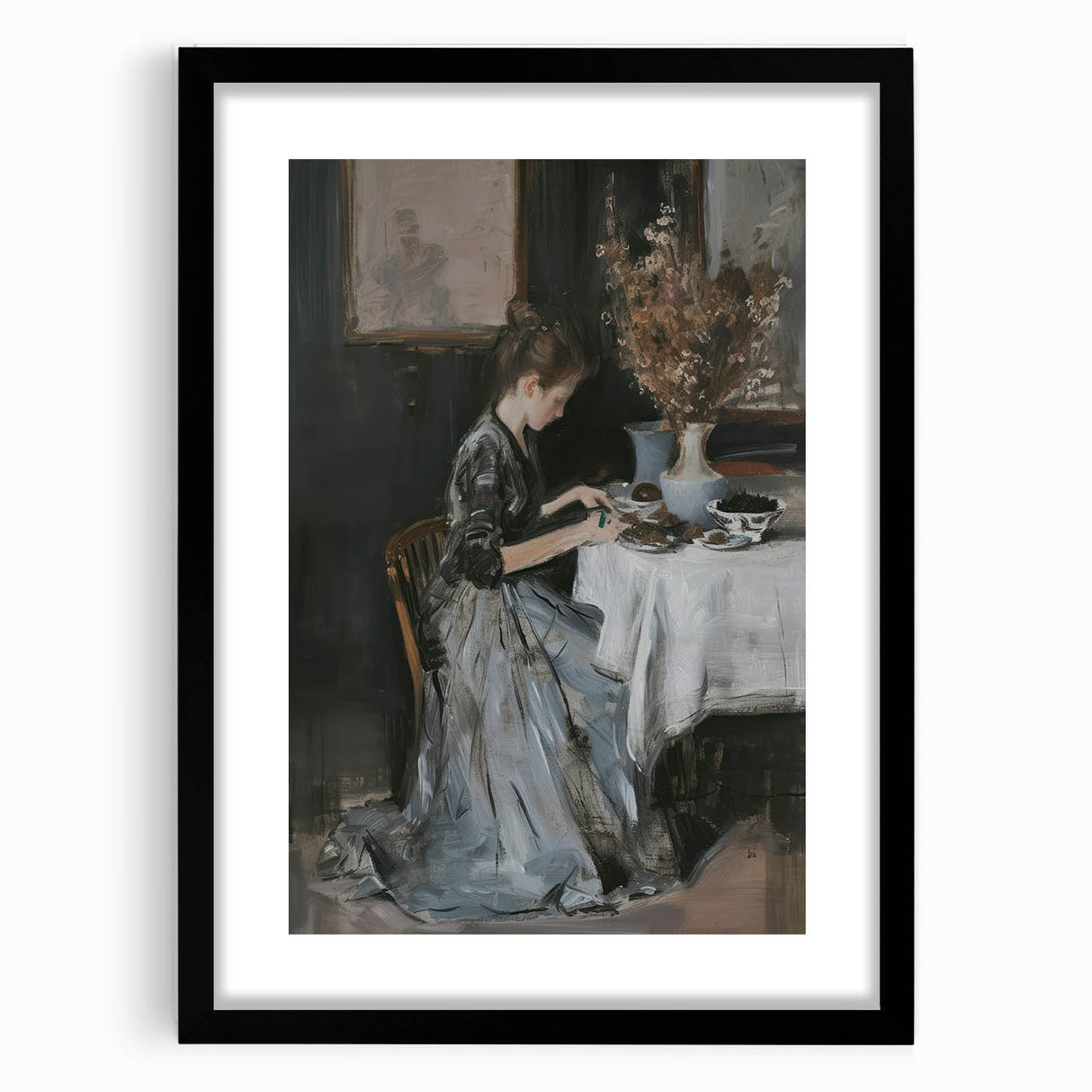Abstract figurative frame with a black mat, showcasing a modern art piece that blends vibrant colors and intricate shapes, perfect for contemporary home decor.
