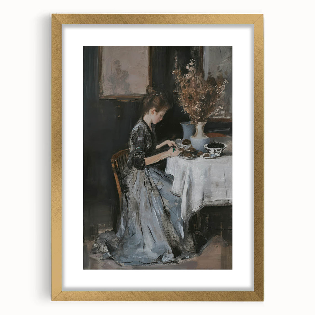 Abstract figurative art frame in gold, showcasing a modern design with a mat, ideal for enhancing contemporary decor. Perfect for art enthusiasts and stylish interiors.