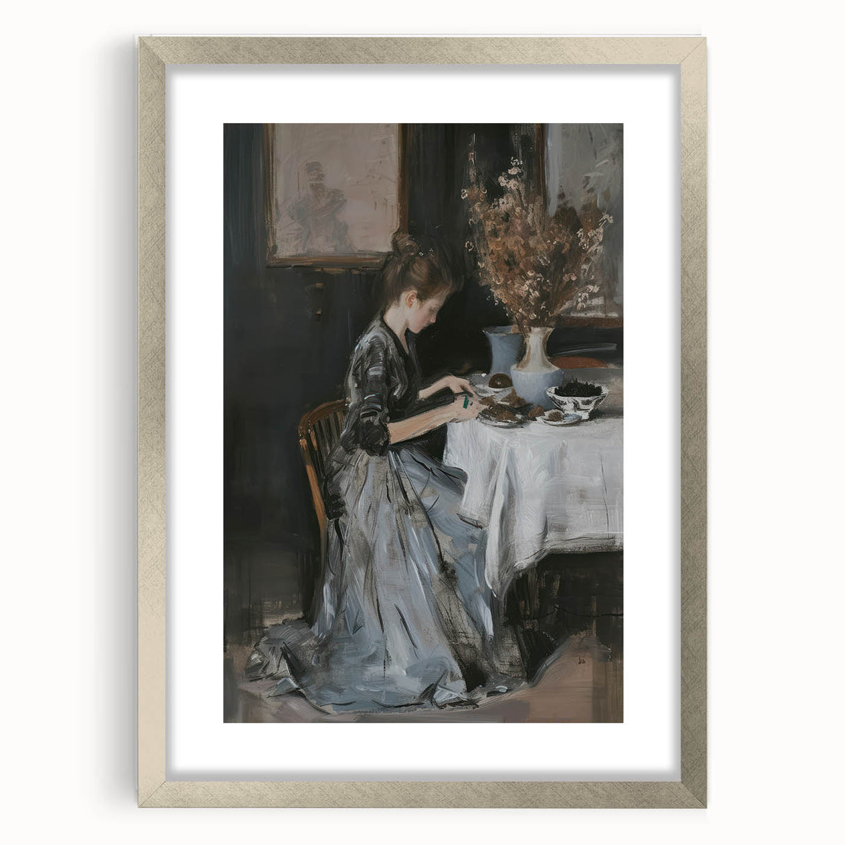 Abstract figurative frame with a silver mat, showcasing a modern art piece. The frame features a sleek design ideal for contemporary home decor, enhancing any wall.