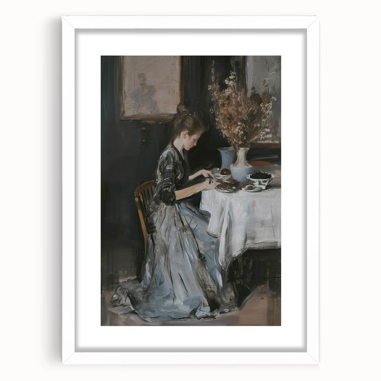 Abstract figurative artwork framed with a white mat, showcasing vibrant colors and unique shapes, ideal for modern home decor or art enthusiasts.