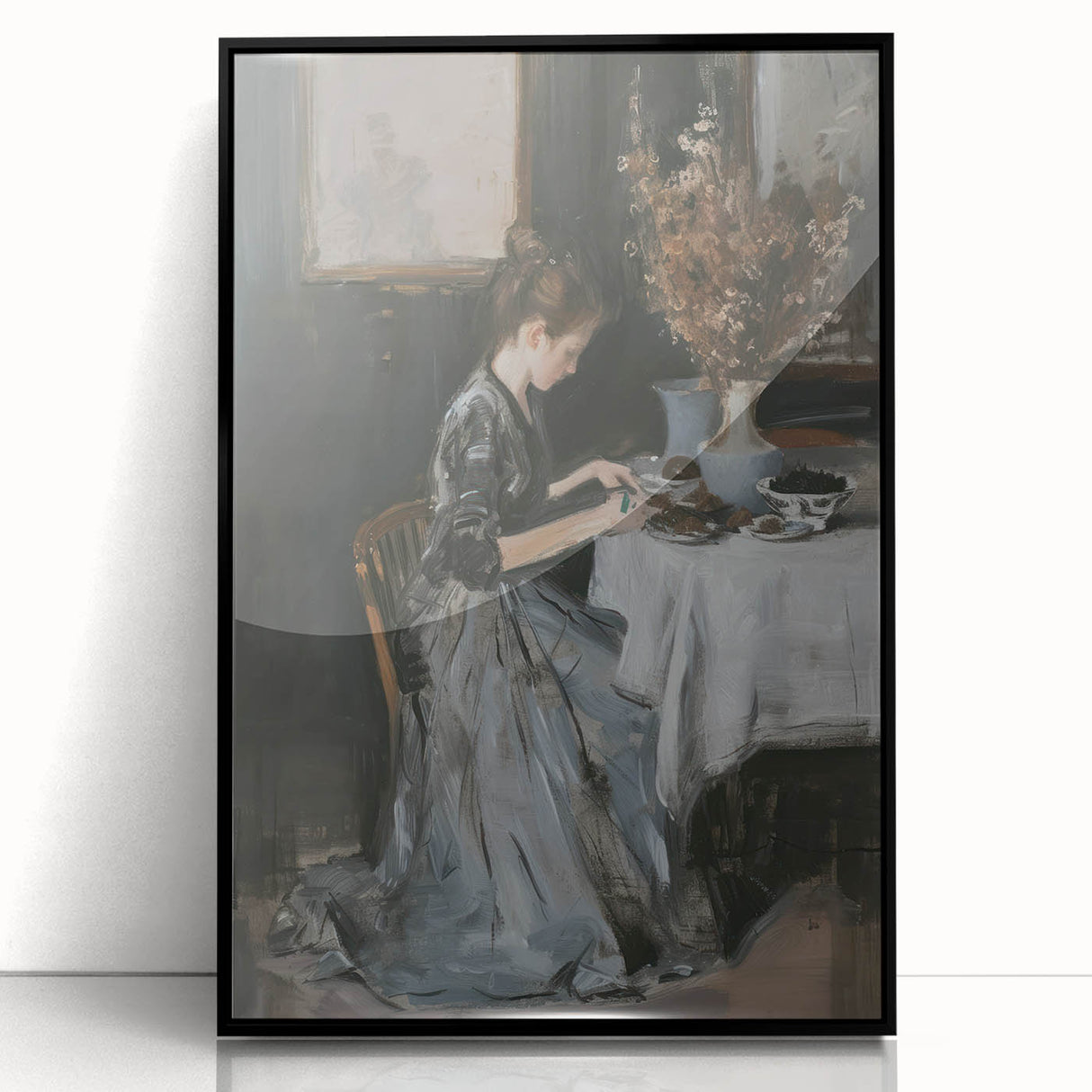 Abstract figurative art piece framed in black acrylic, showcasing vibrant colors and dynamic shapes, perfect for modern home decor or art collection.