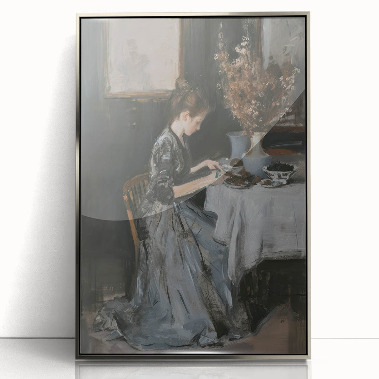 Abstract figurative artwork displayed in a silver-framed acrylic setting, showcasing vibrant colors and dynamic shapes, ideal for modern home decor and art enthusiasts.