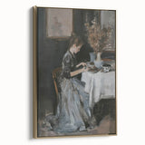 Abstract figurative framed canvas artwork in gold tones, showcasing a modern artistic design with intricate details, displayed from a side view. Perfect for contemporary home decor.