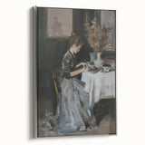 Framed abstract figurative canvas artwork with a silver frame, showcasing dynamic shapes and colors, ideal for modern home decor. Perfect for enhancing artistic interiors.