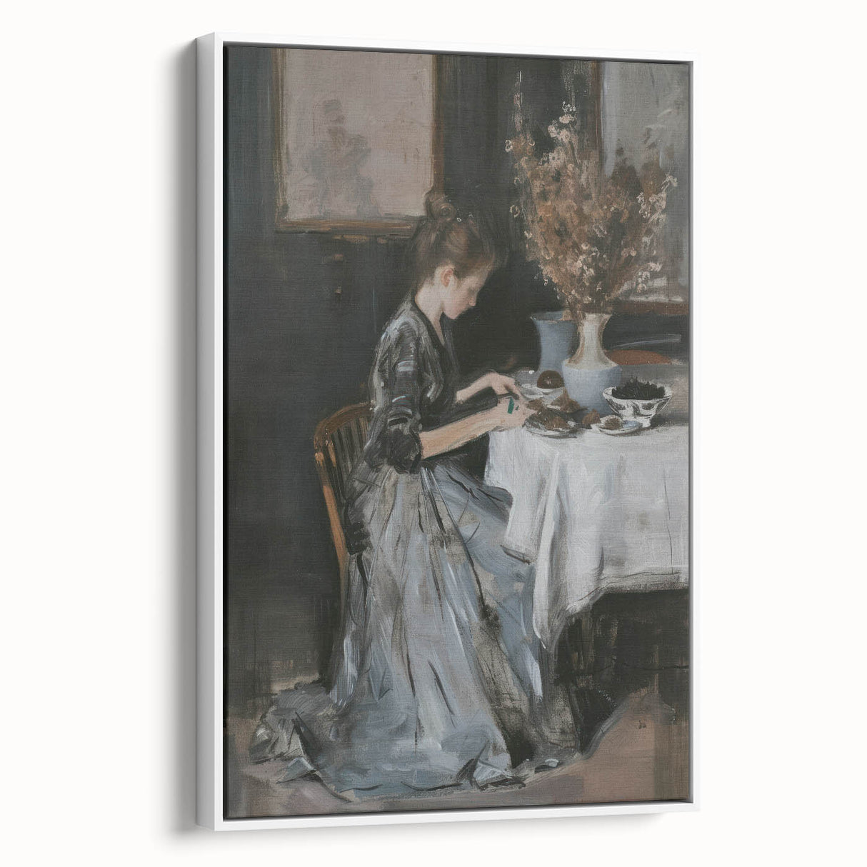 Framed abstract figurative canvas artwork in a sleek white frame, showcasing vibrant colors and dynamic shapes, perfect for modern home decor.