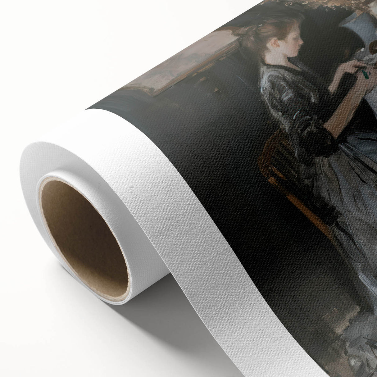 Abstract figurative design on rolled canvas, showcasing vibrant colors and dynamic shapes, packaged securely in a sturdy cardboard tube, ideal for home decor.