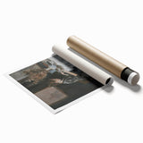 Abstract figurative art print showcasing vibrant colors and dynamic shapes, rolled and securely packaged in a protective cardboard tube, ideal for modern decor.