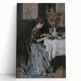 Abstract figurative stretched canvas art piece leaning against a wall, showcasing vibrant colors and unique shapes, perfect for modern home decor.