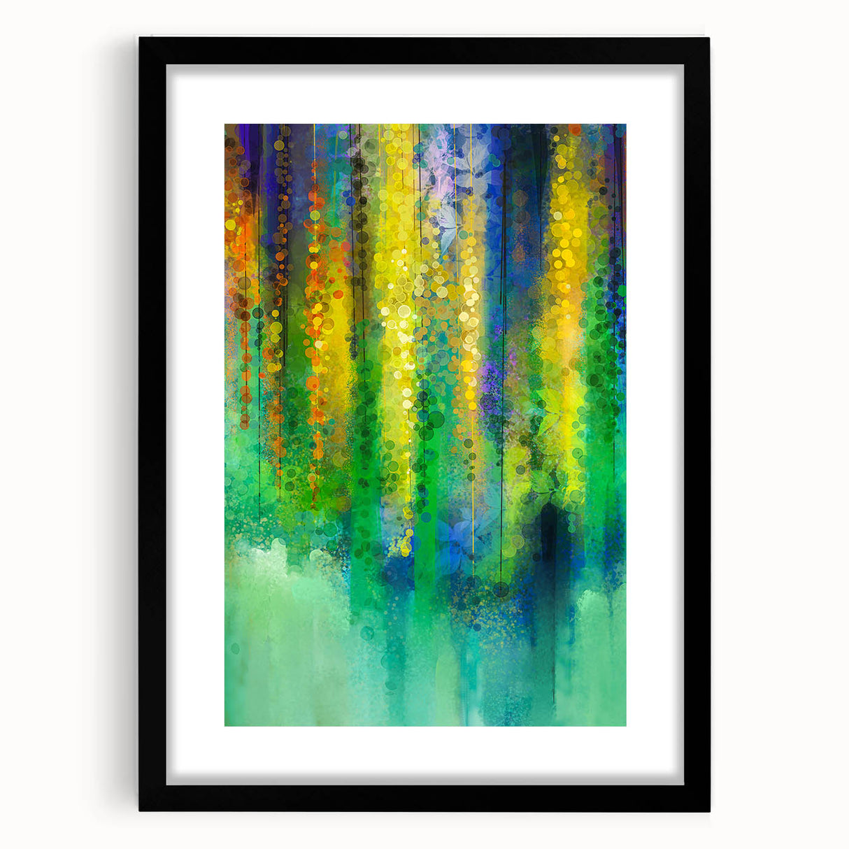 Abstract floral framed artwork showcasing vibrant colors and intricate designs, set in a sleek black mat. Ideal for modern home decor or art enthusiasts.