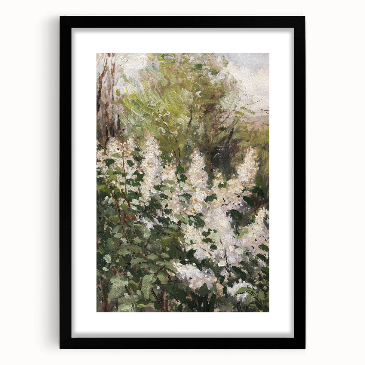 Abstract floral artwork framed in a sleek black mat, showcasing vibrant colors and intricate patterns, perfect for modern home decor or artistic displays.