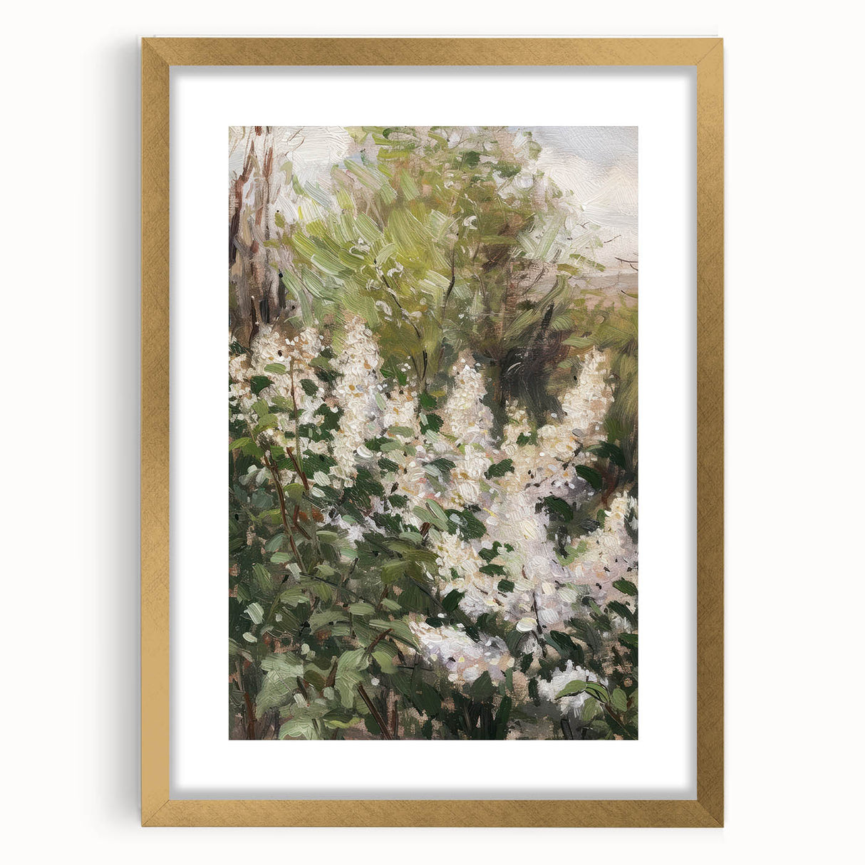 Abstract floral frame with a gold mat, showcasing vibrant colors and intricate details, perfect for enhancing modern home decor and art collections.