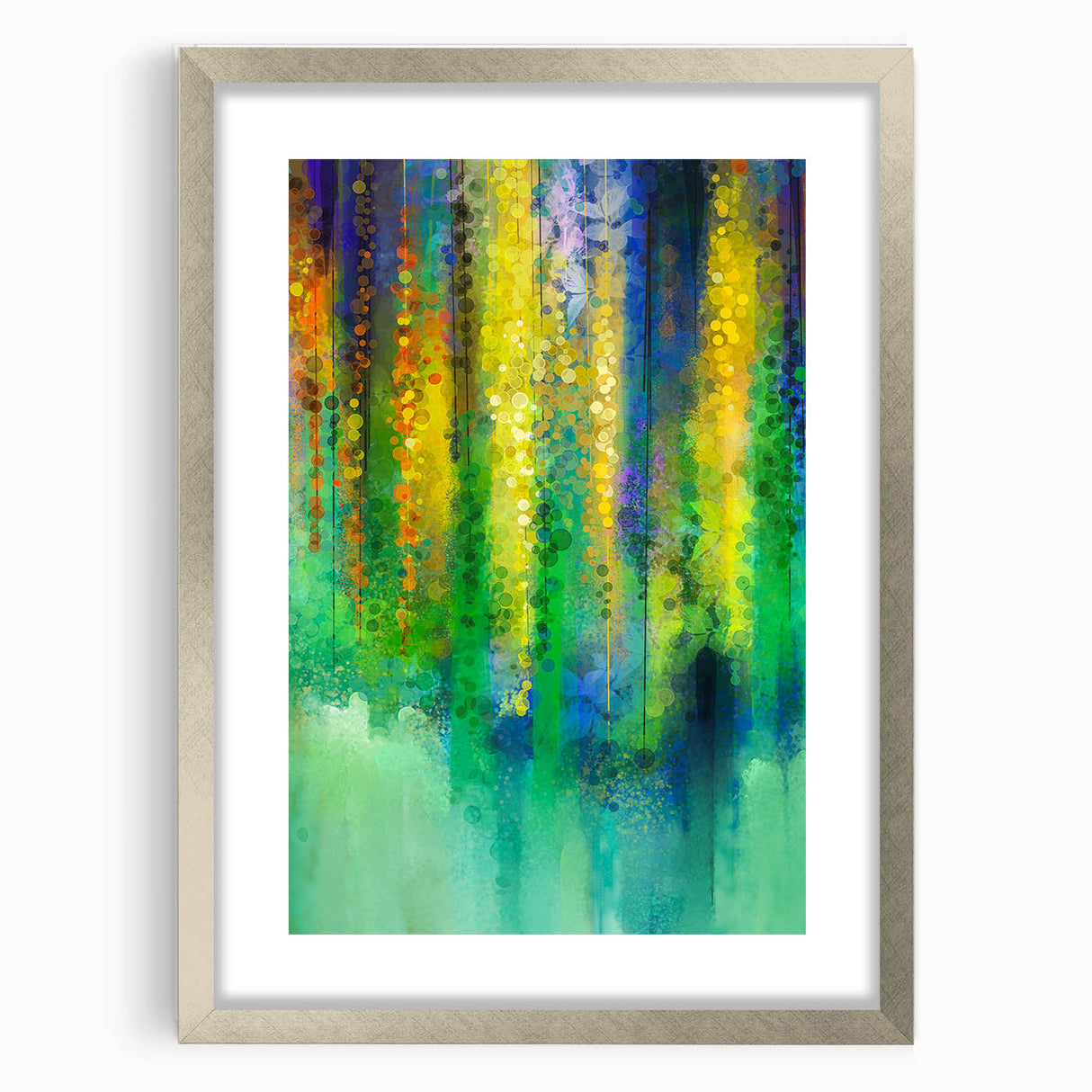 Abstract floral framed artwork with a silver mat, showcasing vibrant colors and intricate patterns, perfect for modern home decor or an elegant gallery wall.