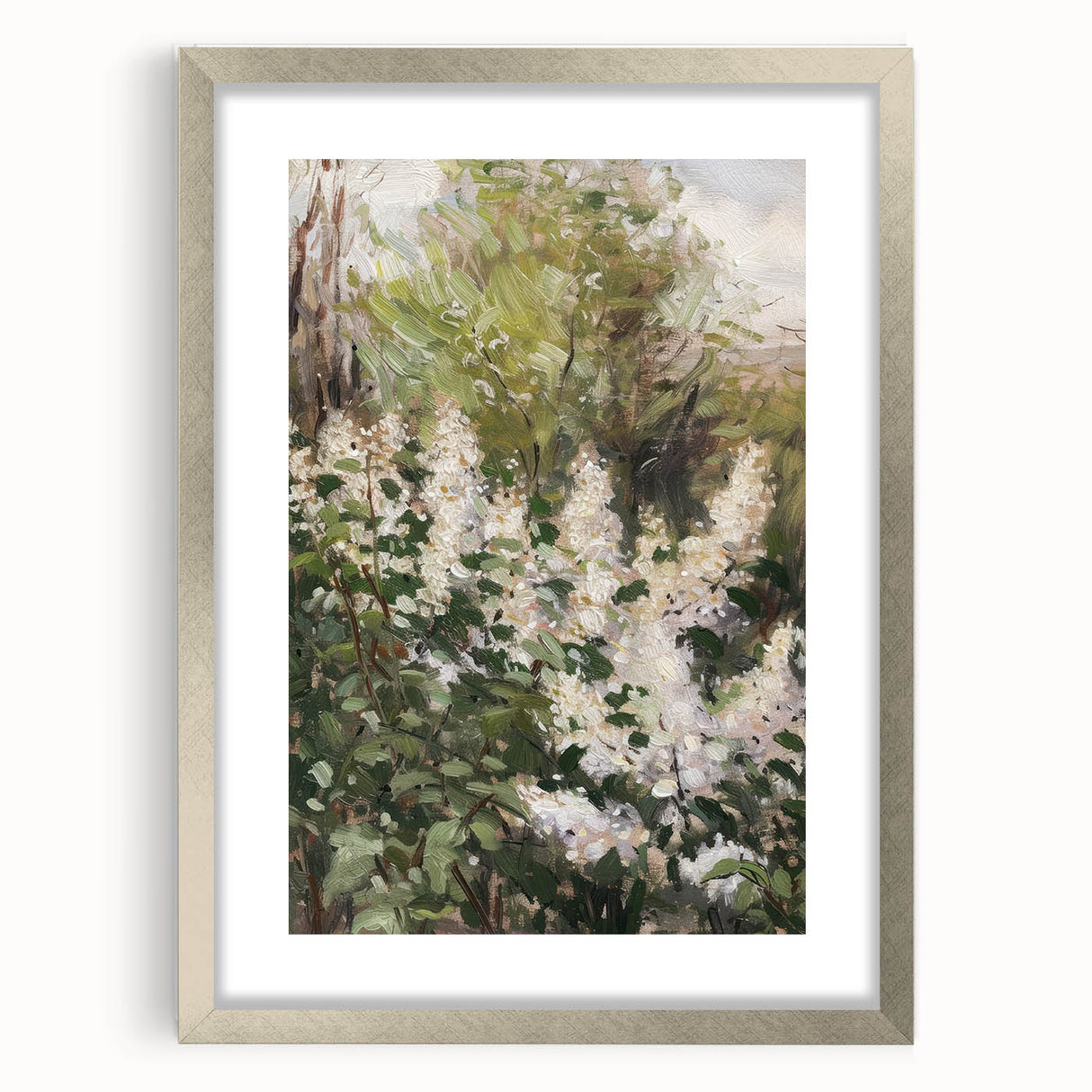 Abstract floral artwork in a sleek silver frame with a mat, showcasing vibrant colors and intricate designs, perfect for modern home decor or gallery displays.