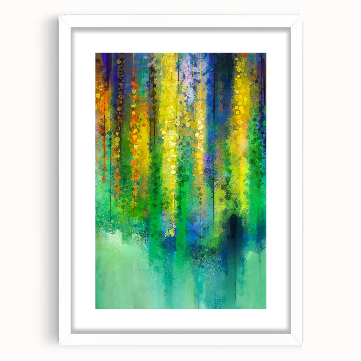 Abstract floral wall art design in a white frame with a mat, showcasing vibrant colors and intricate patterns, perfect for modern home decor and interior styling.