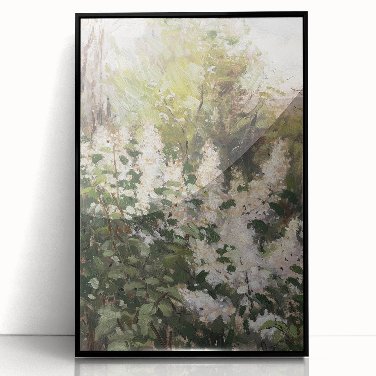Framed abstract floral artwork in vibrant colors with a sleek black frame, showcasing intricate patterns and textures, perfect for modern home decor.