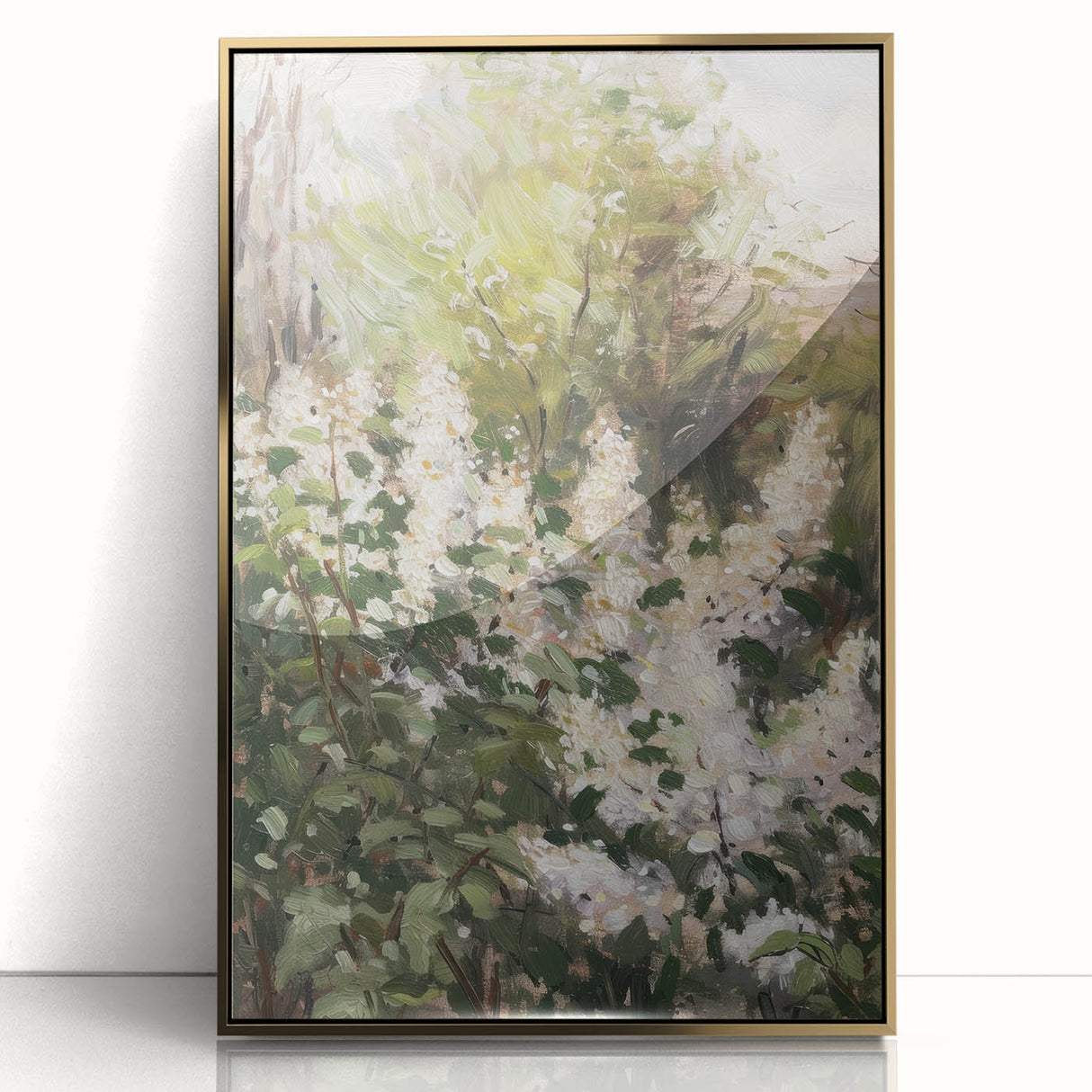Framed acrylic artwork showcasing vibrant abstract floral designs in gold tones, ideal for modern home decor. Perfect for adding elegance to living spaces.