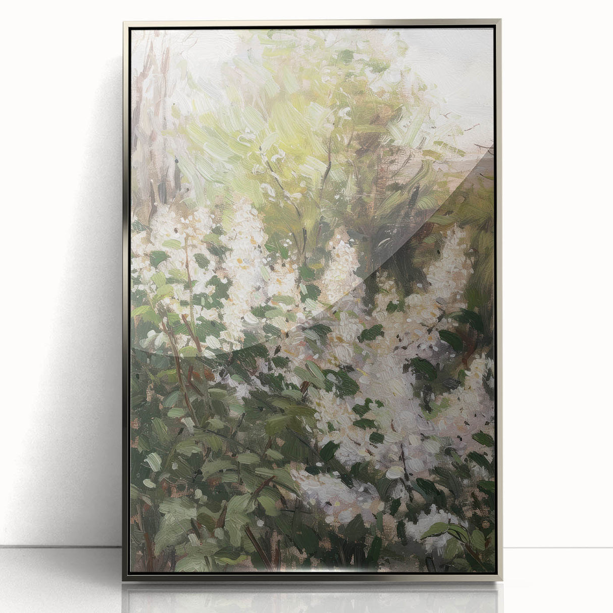 Framed acrylic artwork displaying abstract floral designs in vibrant colors, set in a sleek silver frame, perfect for modern home decor accents.
