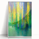 Framed acrylic artwork showcasing a vibrant abstract floral design in shades of pink, blue, and green, set against a white background, perfect for modern home decor.