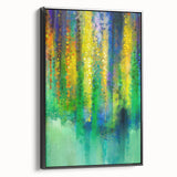 Framed canvas artwork showcasing an abstract floral design with vibrant colors and intricate detailing, viewed from the side against a neutral background, ideal for modern home decor.
