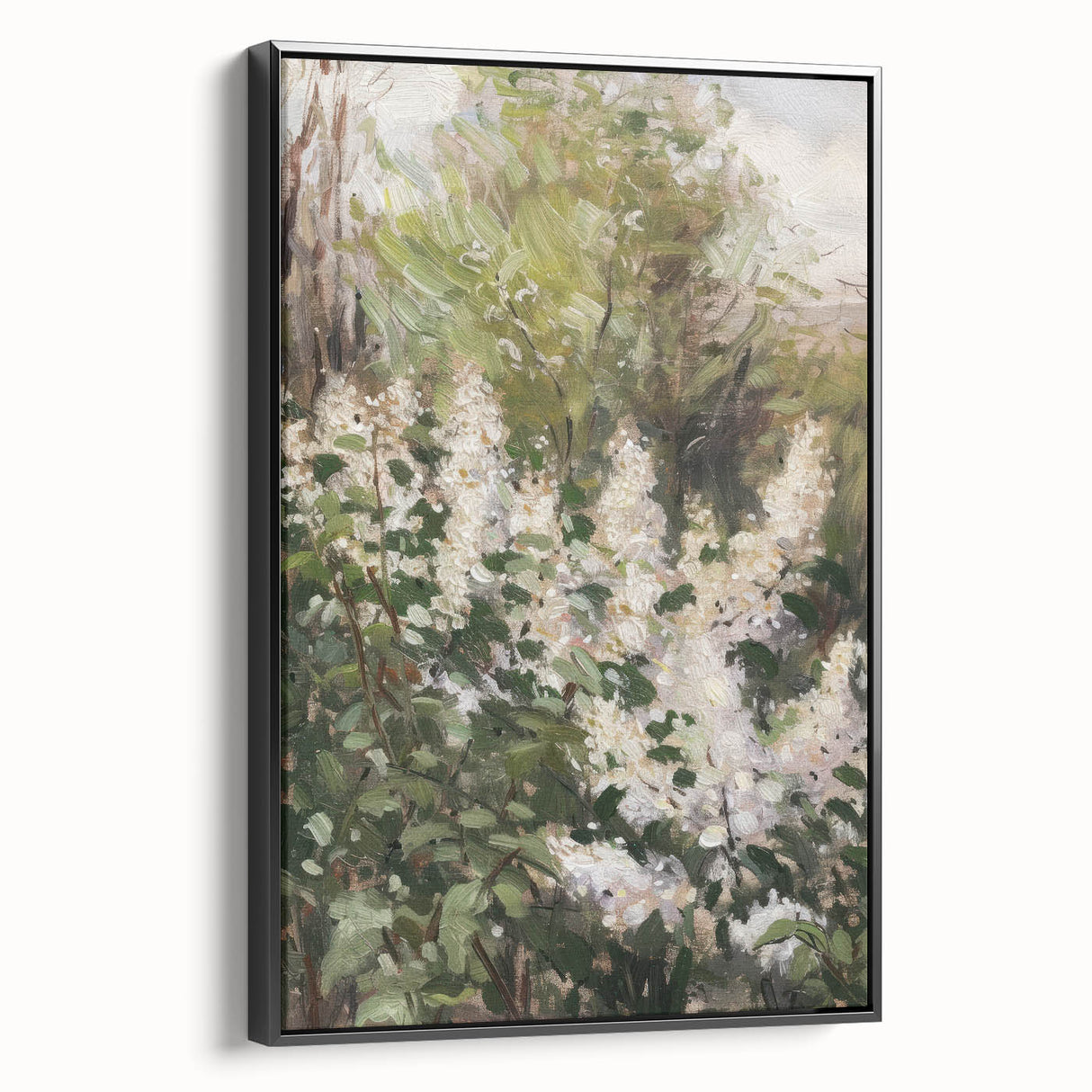 Framed canvas artwork showcasing abstract floral designs in vibrant colors, presented with a sleek black frame for a modern aesthetic, ideal for home decor.