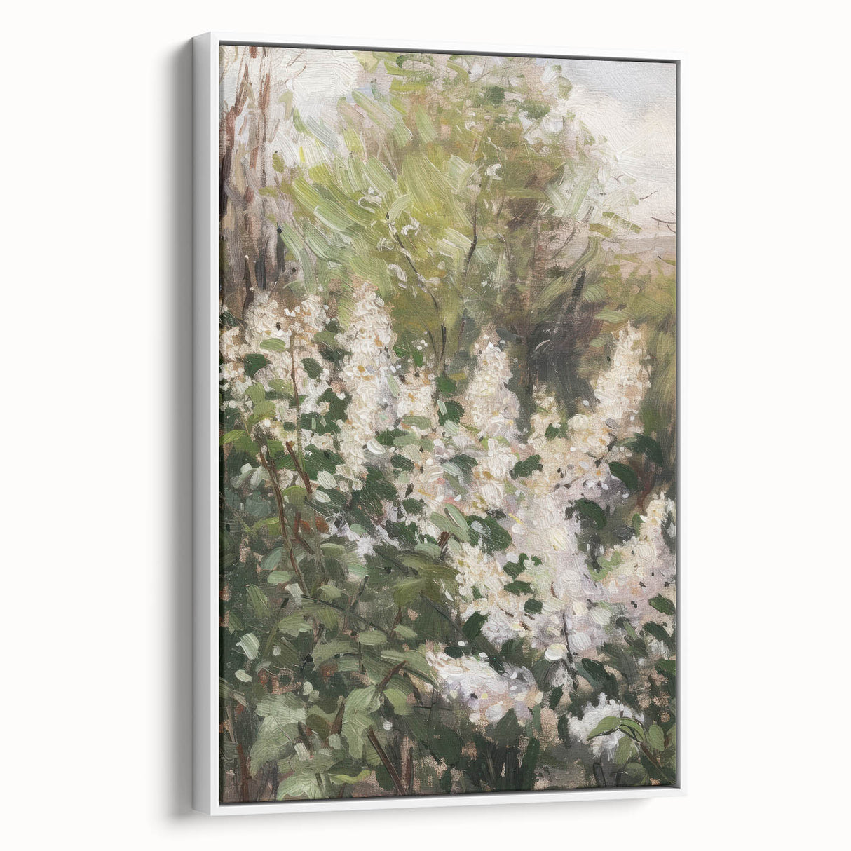 Framed canvas artwork featuring abstract floral designs in vibrant colors, showcased in a sleek white frame, perfect for modern home decor.
