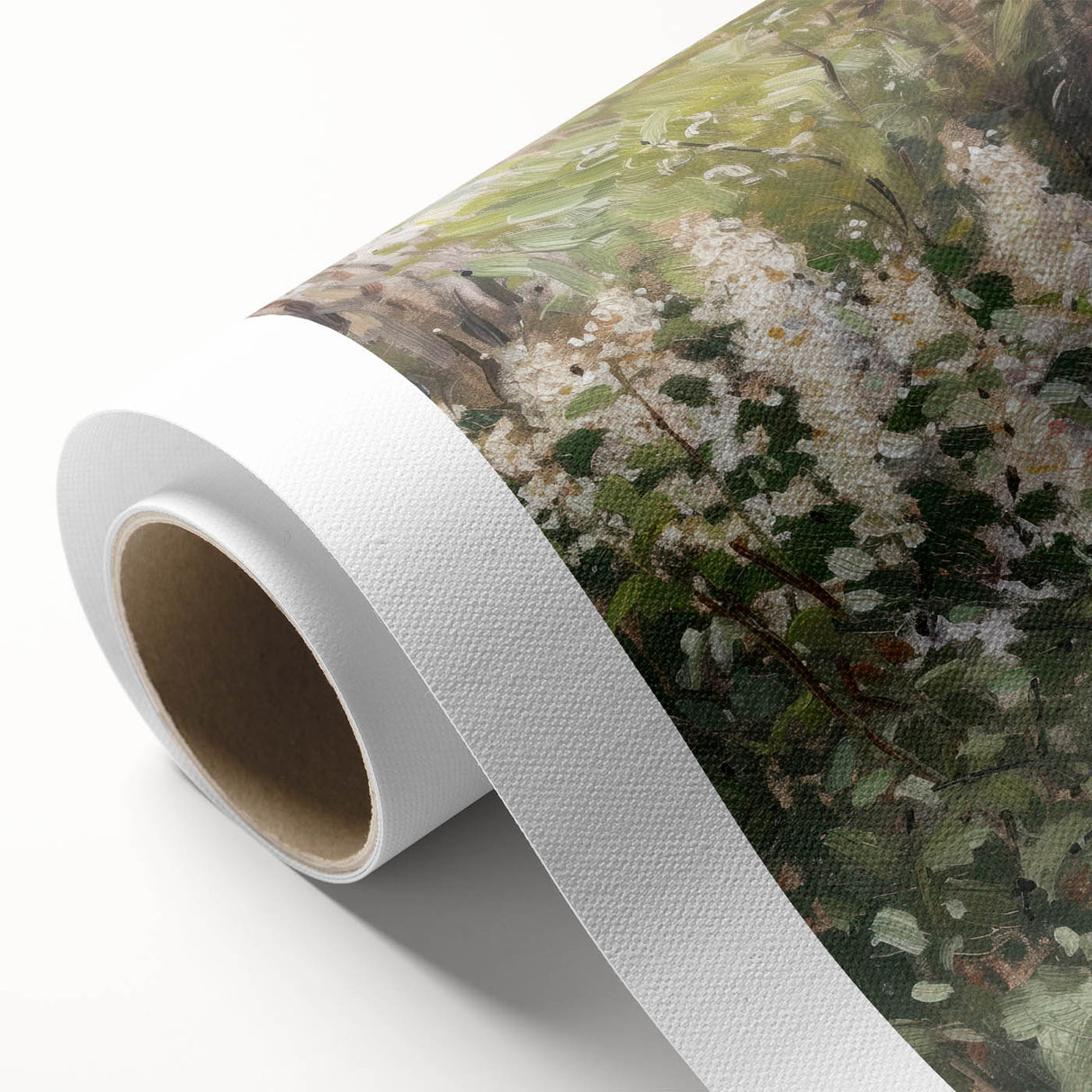 Abstract floral rolled canvas artwork showcasing vibrant multicolored blooms against a textured background, elegantly packaged in a protective cardboard tube, perfect for home decor.