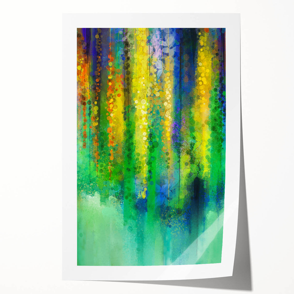 Abstract floral design rolled print showcasing vibrant colors and intricate patterns, elegantly packaged in a protective cardboard tube for stylish home decor.