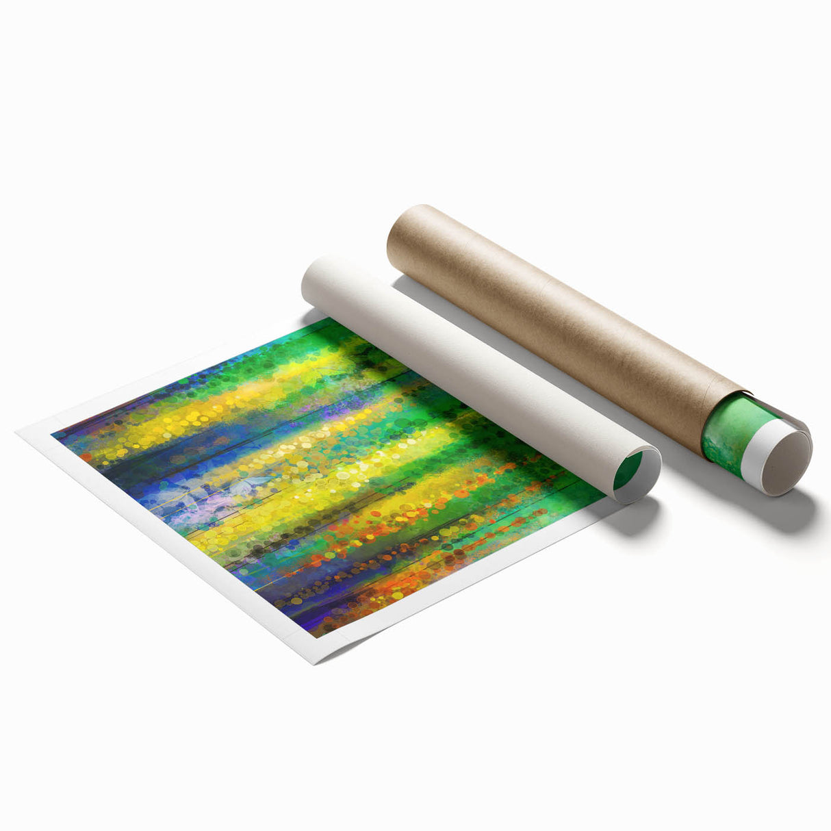 Abstract floral artwork in vibrant colors, elegantly rolled for display, showcasing intricate brushstrokes and modern design elements, perfect for home decor.
